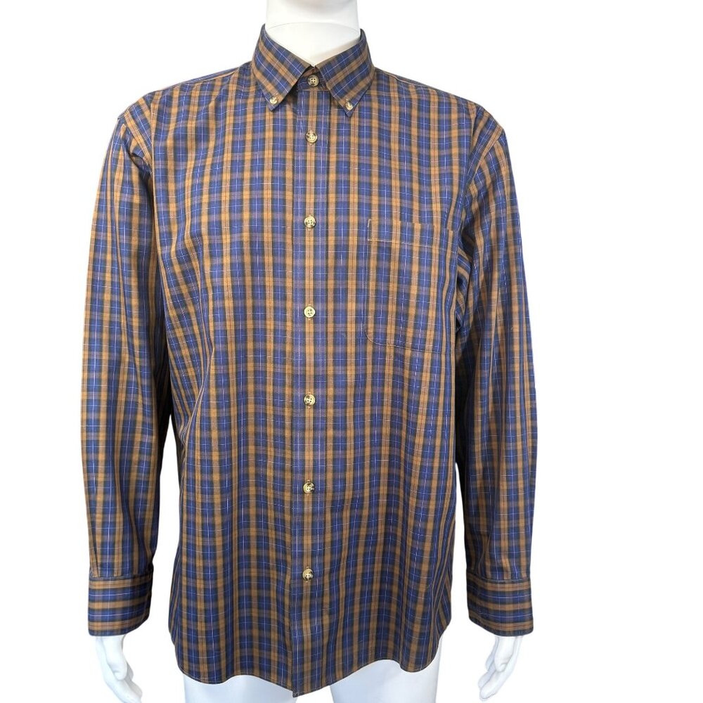 Cabelas Mens Button-Down Plaid Shirt L/XL Regular Fit Cotton Blue/Brown Casual